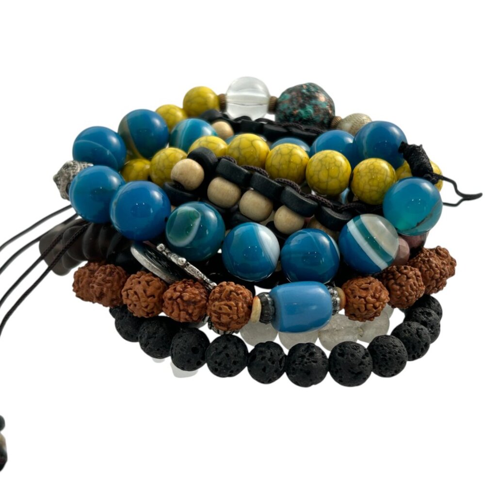 Lot 11 Beaded Stretch Bracelets Mixed Stones Wood Lava Rudraksha Boho Tribal